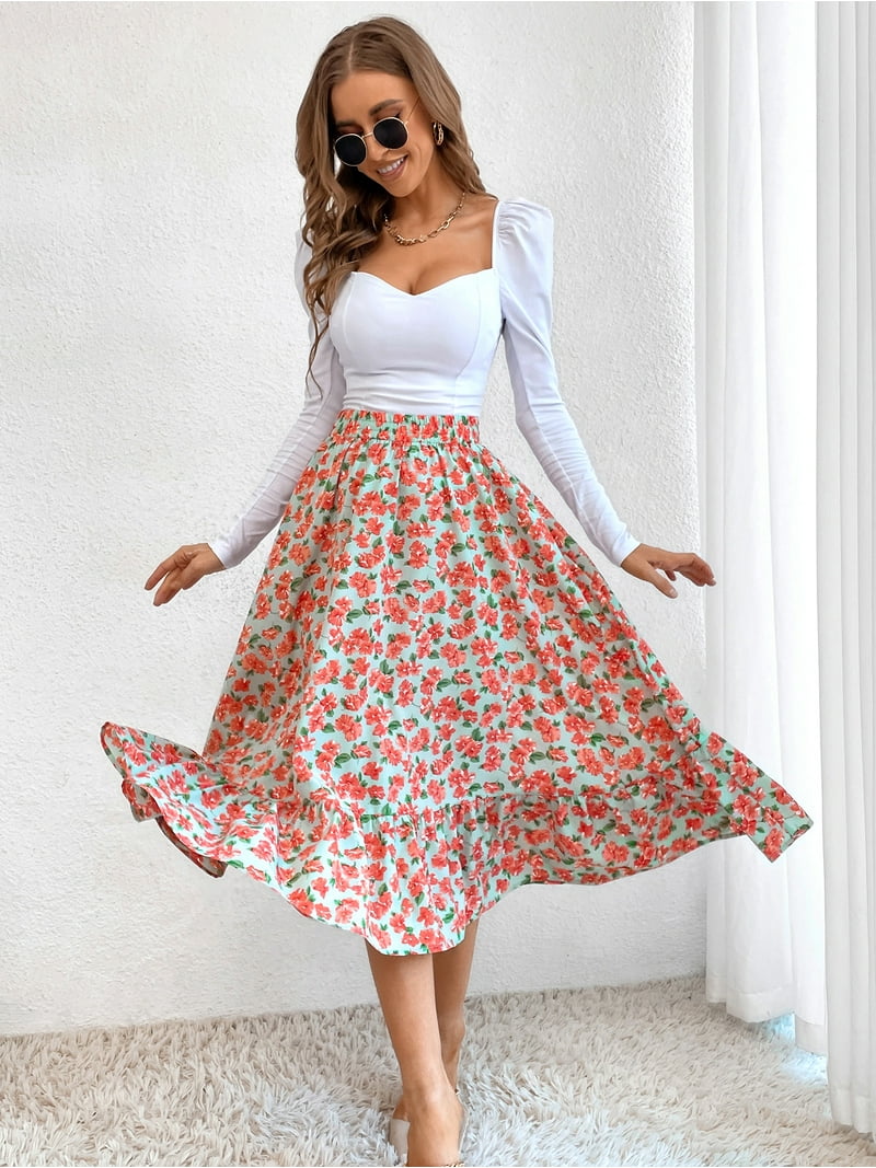 Gartered High Waist Floral Print Midi Skirt Below Knee