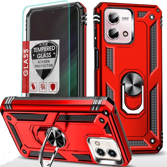 Starshop Motorola G Power 2025 Case Phone Cover Shockproof Ring Stand Case With Glass Screen - Red