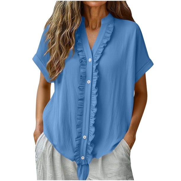 Tops de Manga Larga de Encaje para las Mujeres Más Tamaño Botón Cuello en V Color Sólido Suave Y Transpirable Blusa para Uso Diario Informal