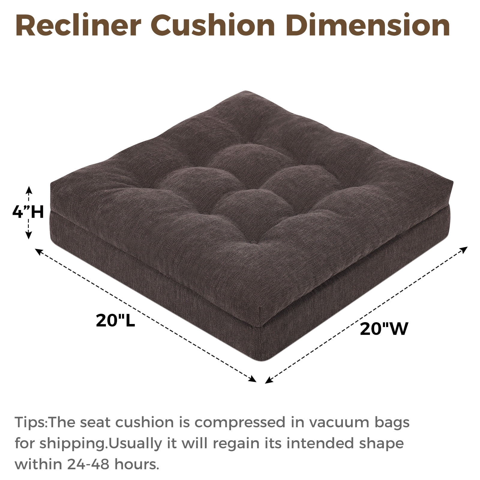 baibu Recliner Cushion 20-Inch Extra Large Seat Cushion Tufted Memory Foam Dual-layer Design Chair Cushion for Recliner Armchair Couch, Brown
