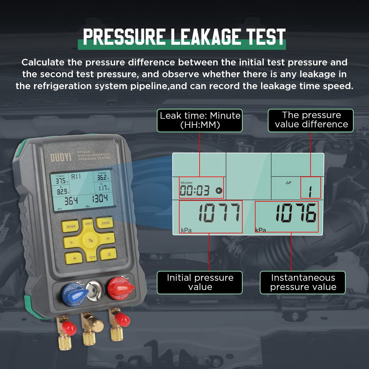 DUOYI 522A Digital Manifold Gauge Set, HVAC Vacuum Pressure&Temperature Tester, Air Conditioning Tools & Equipment