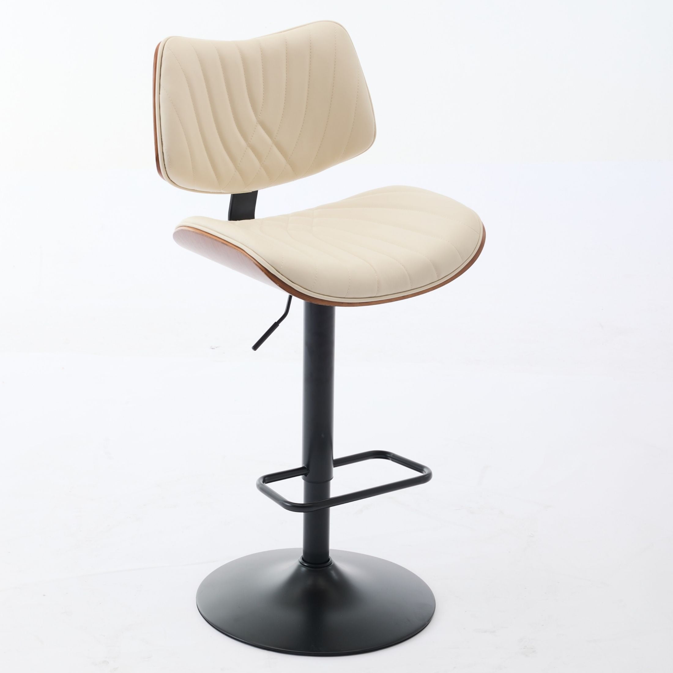 PORKISS Bar Stool, Walnut Bentwood Swivel Barstool with Leather Back and Seat, Adjustable Counter Island Chair with Footrest, Modern Upholstered Bar Chirs for Kitchen Island, Dining Room, Beige