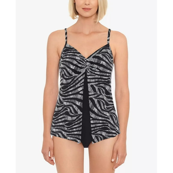 Swim Solutions MOTION LINES BLACK Twist-Front Flyaway One-Piece Swimsuit, US 10