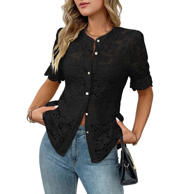 Camisa Informal de Encaje con Mangas Abullonadas y Cuello Redondo con Ojales para Mujer, Color Negro, Talla M