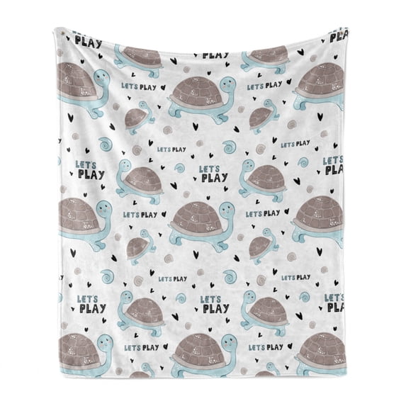 Cartoon Soft Flannel Fleece Throw Blanket, Let's Play Message from Baby Turtle and Snails Hearts Animal Love, Cozy Plush for Indoor and Outdoor Use, 60" x 80", Pale Blue Dust White, by Ambesonne
