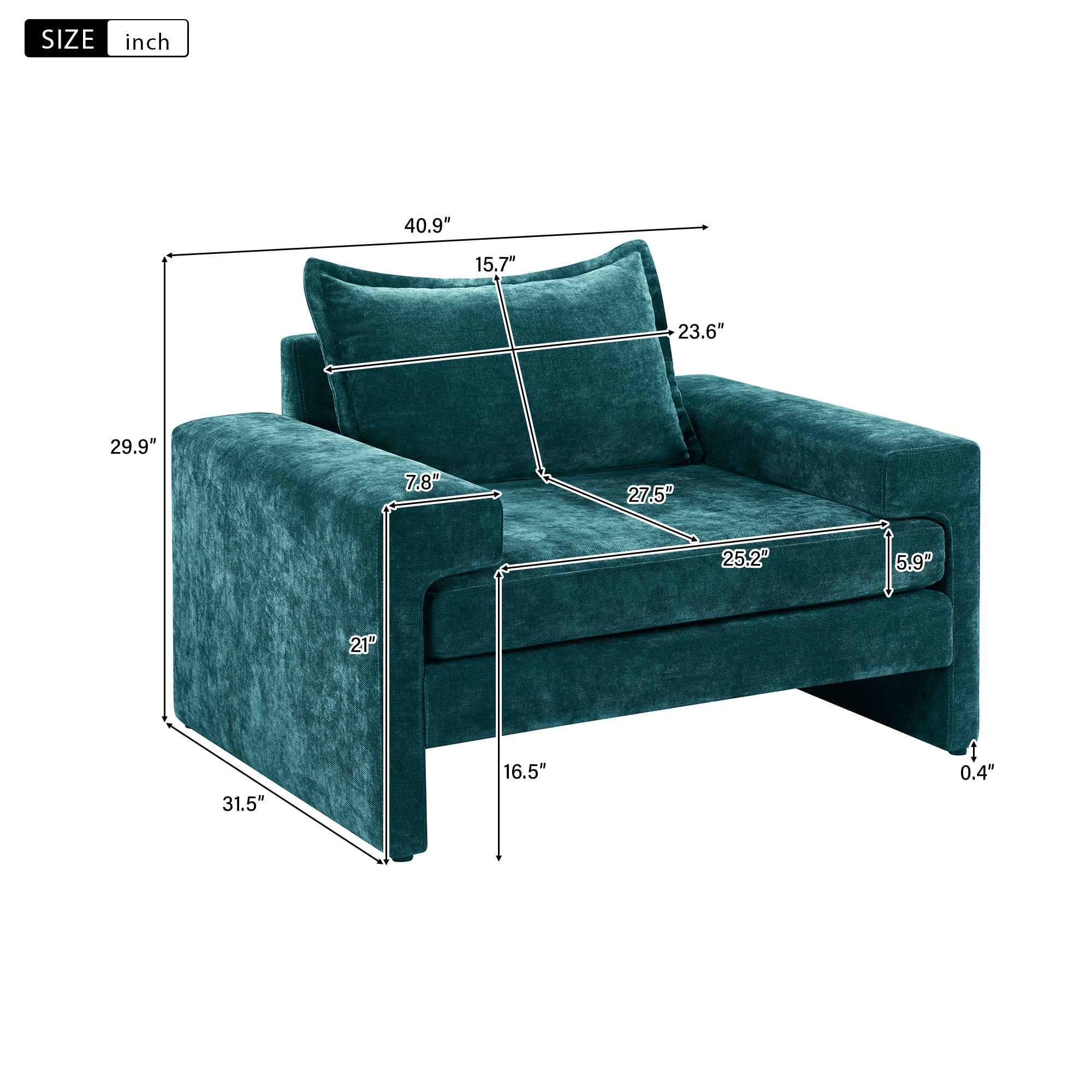 Euroco Chenille Upholstered Armchair 40.9" Accent Chair with Wide Armrests, Thick Cushion, Ergonomic Back Support for Living Room, Bedroom, or Office, Green