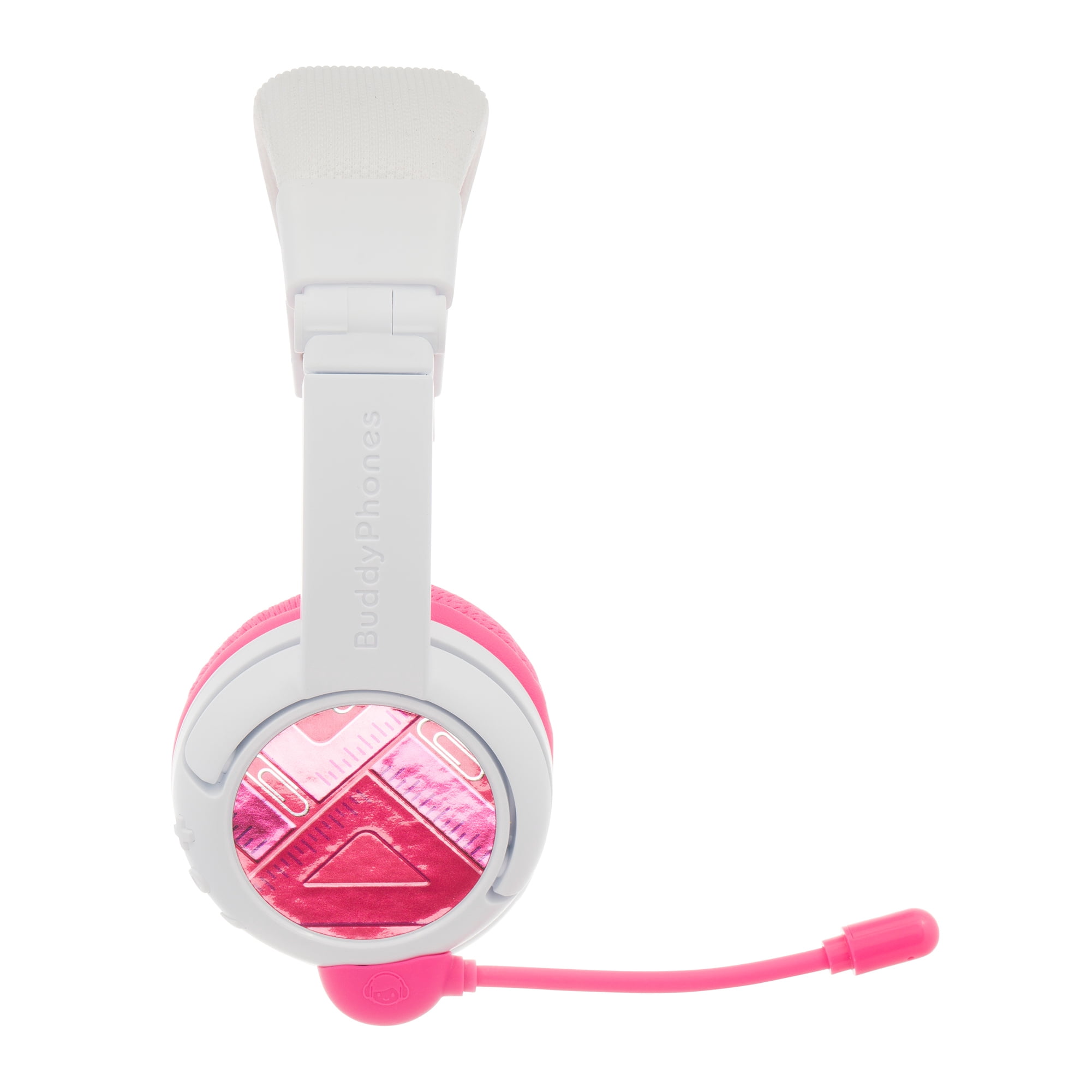 BuddyPhones School+ Wireless, On-Ear Bluetooth Foldable Kids Headphones with Detachable Boom Mic, 3 Volume Limiting Settings, Voice Enhance StudyMode, 20-Hrs Battery, Customizable Stickers, Pink