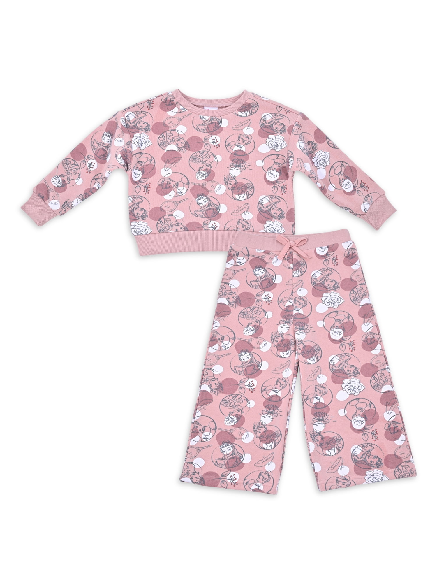 Disney Princess Baby and Toddler Girl Wide Leg Pant and Crew Neck Sweatshirt, 2 Piece Outfit Set, 12 Months-5T
