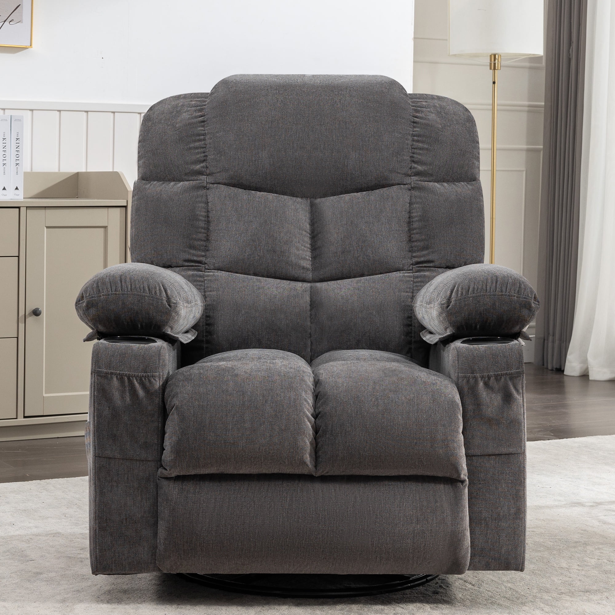 Swivel Rocker Chair, LEGAHOME Manual Glider Rocking Chair for Nursery with Massage and Heat, 22.8in Glider Massage Recliner Chairs for Adults, with Cup Holder and Side Pocket, Gray