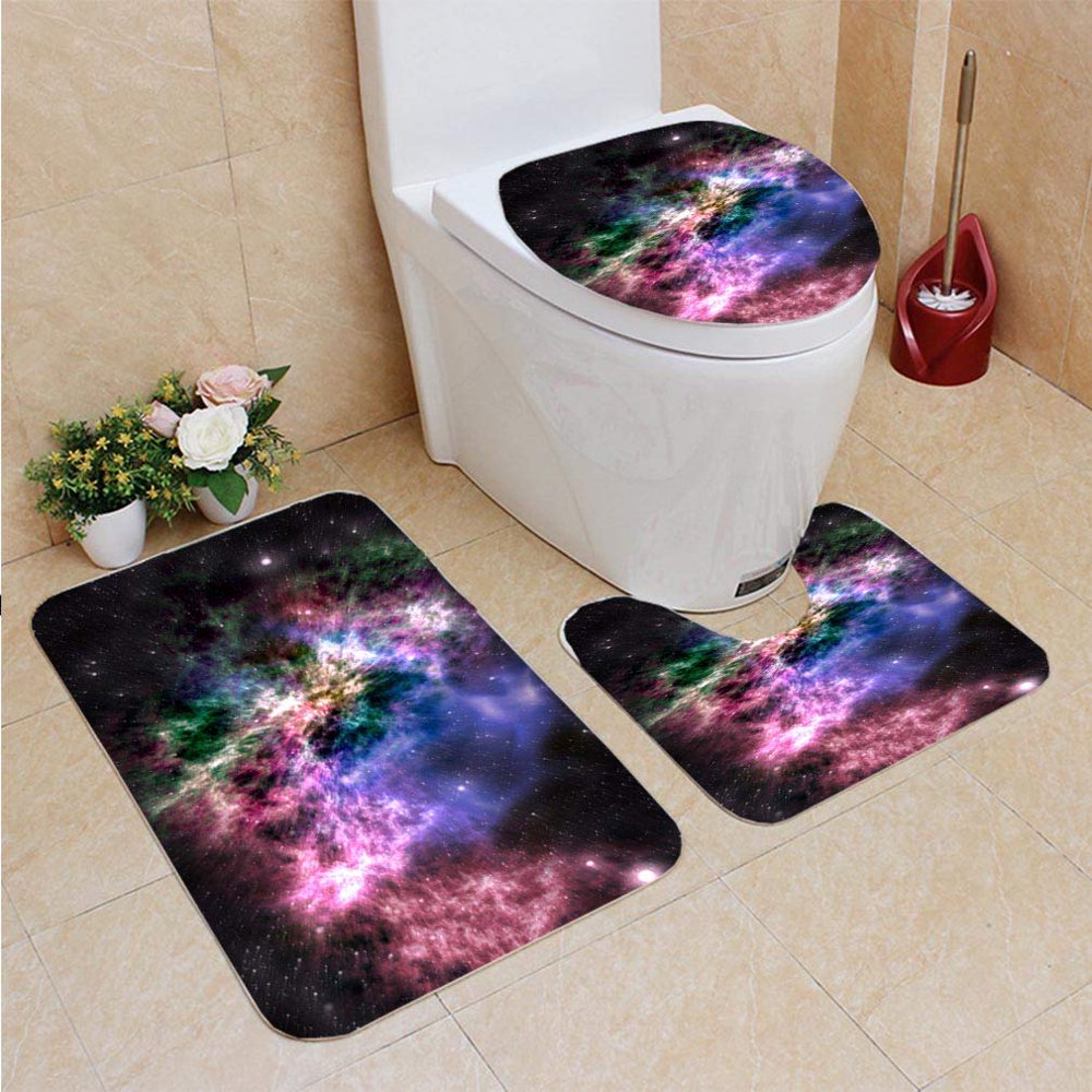 GOHAO Multi Colored Nebula 3 Piece Bathroom Rugs Set Bath Rug Contour Mat and Toilet Lid Cover