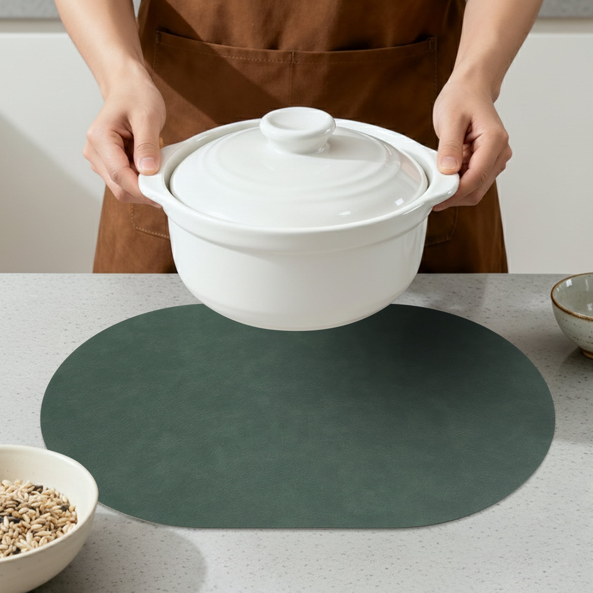 Unique Bargains 6pcs Oval Table Mats for Kitchen Green/Gray 17.3"x11.8"