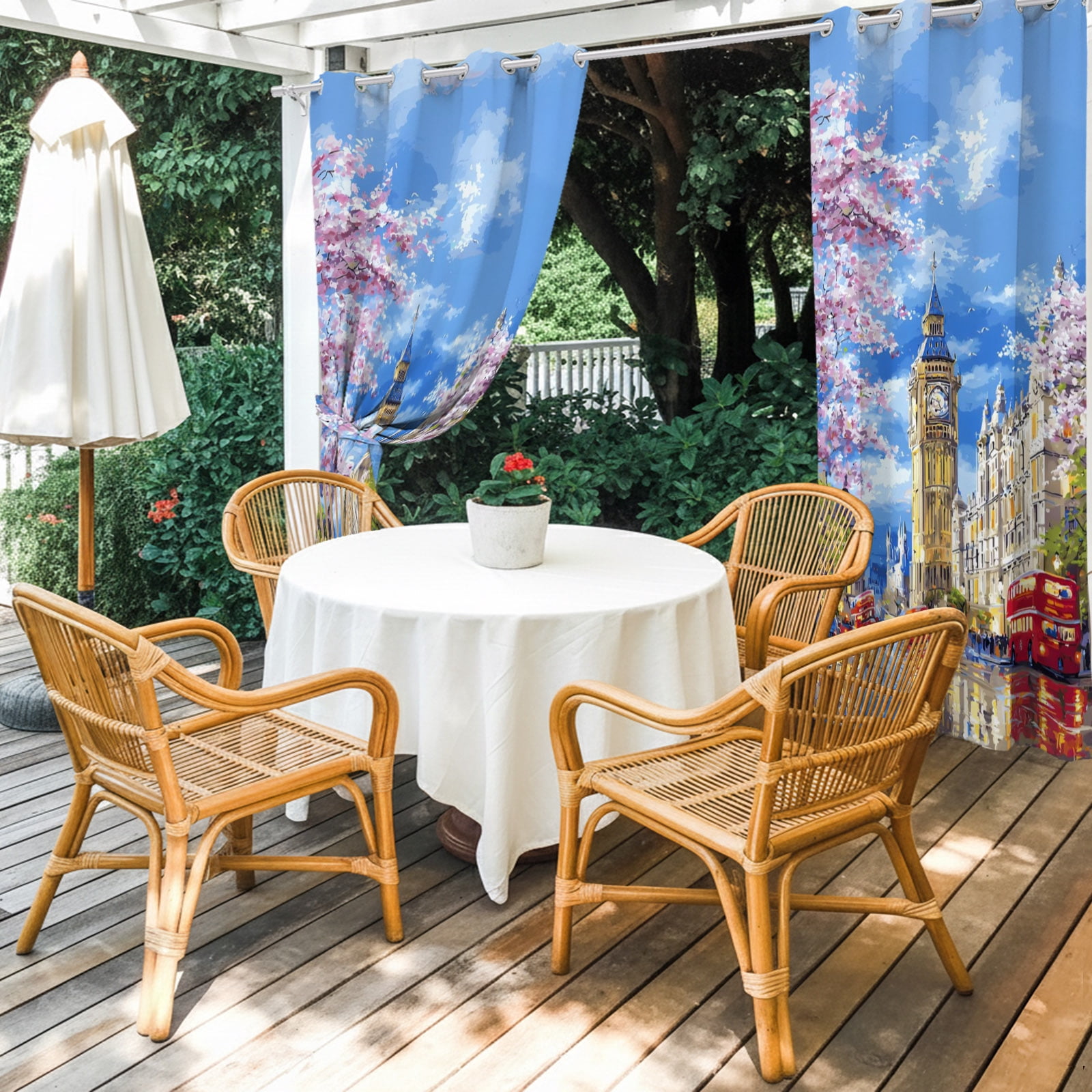 Big Ben Outdoor Curtains for Patio, Spring Cherry Blossoms Red Bus Impressionist Sunshade Privacy Drapes Grommet Waterproof Outside Curtains for Porch/Cabana/Balcony 54"x 108", 1 Panel