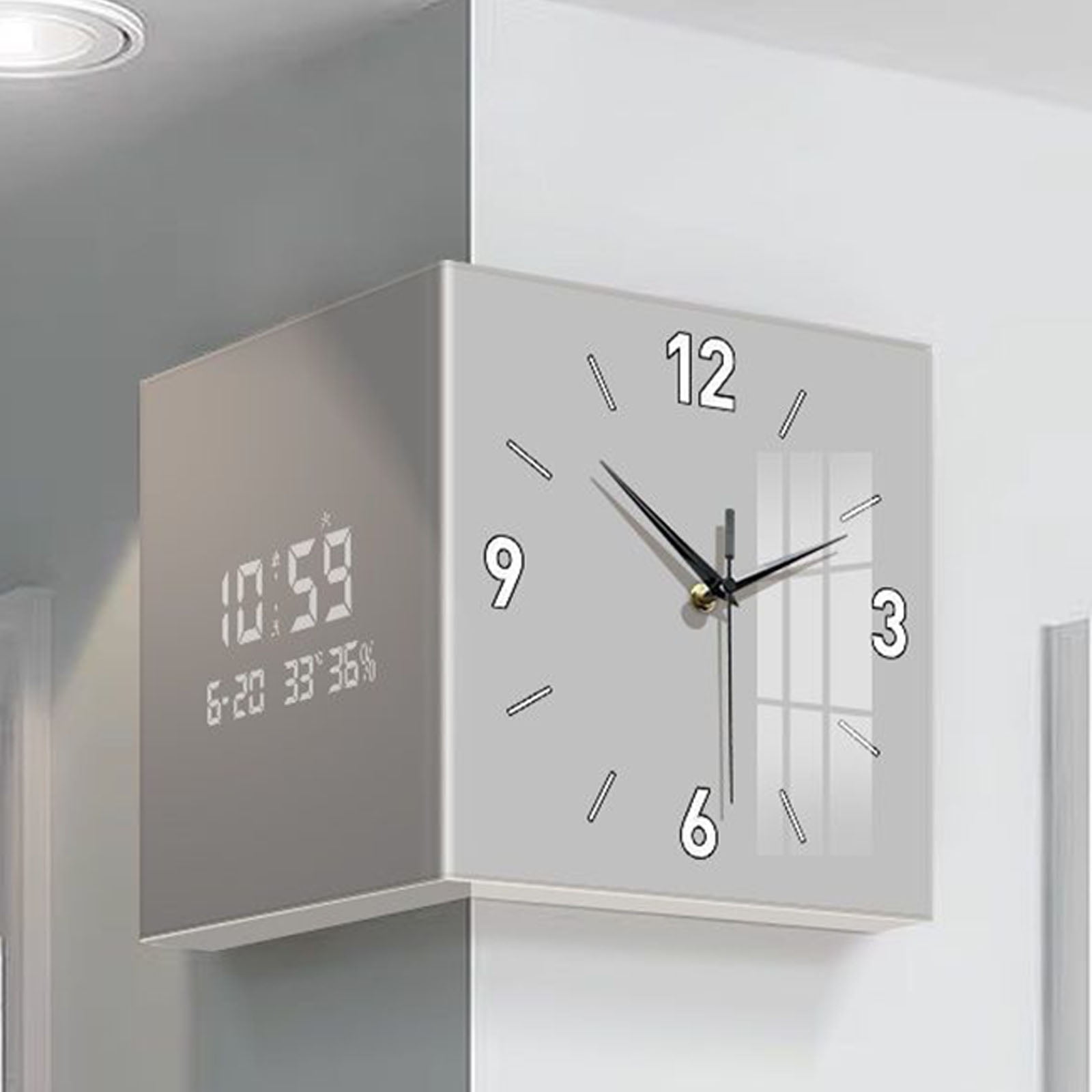 URTERYSER Double Sided Corner Wall Clock Easy To Read Square Designs Digital Display Wall Clock for Living Room and Office Decors Light Gray
