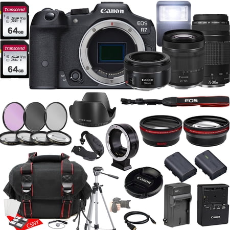 Canon EOS R7 Mirrorless Camera w/RF 24-105mm f/4-7.1 IS STM Lens + EF 75-300mm f/4-5.6 III Lens + EF 50mm f/1.8 STM Lens + 2X 64GB Memory + Hood + Case + Filters + Tripod & More (35pc Bundle)