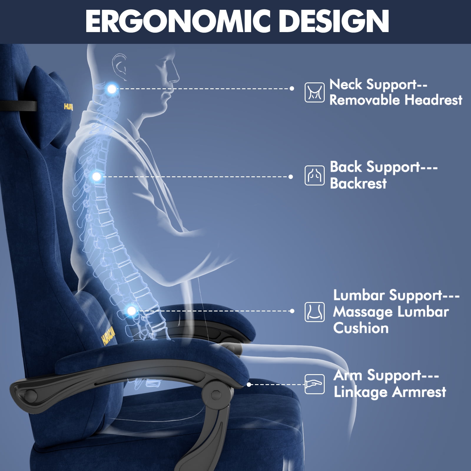 SOONTRANS Blue Gaming Chair for Adult, Velvet Fabric Ergonomic Comfortable Video Gamer Chair with Footrest, Reclining Office Computer Desk Game Chairs with Massage Lumbar Cushion, Headrest