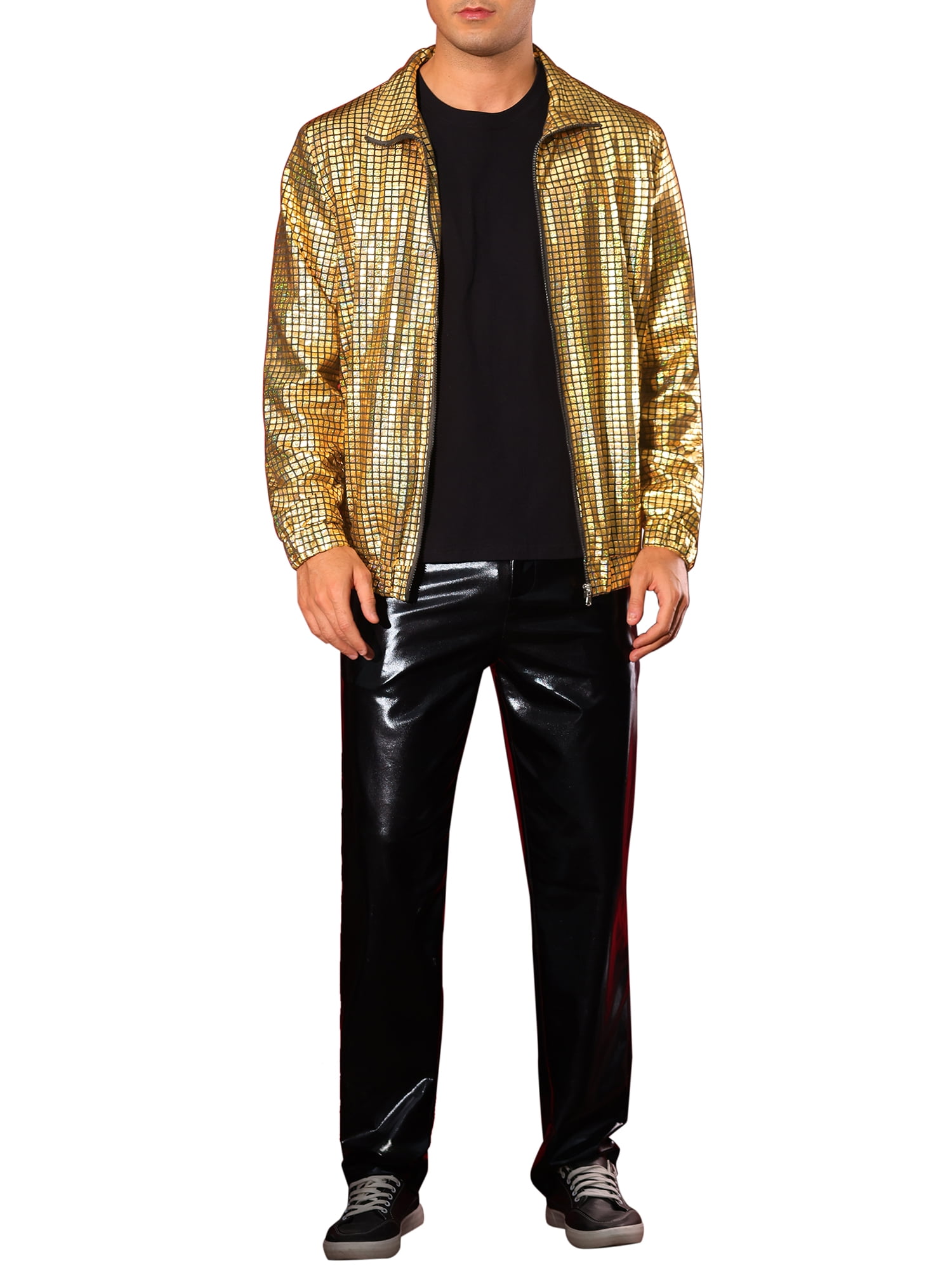 INSPIRE CHIC Holographic Jacket for Men's Metallic Long Sleeve Stand Collar Party Disco Shiny Jackets L Golden