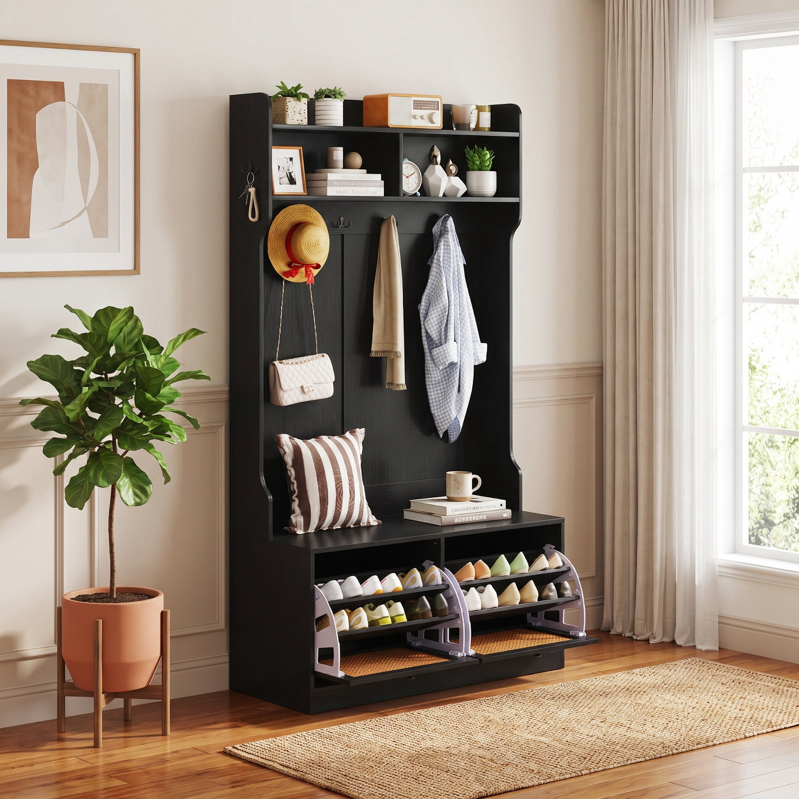 Furnibear 4 in 1 Entryway Hall Tree with Coat Rack and Flip Drawers and Storage Bench for Mudroom and Foyer and Hallway, Black