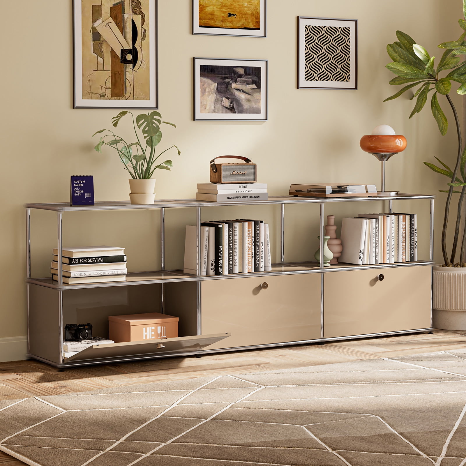 Freestanding Metal Storage Cabinet with 3 Doors and Shelves,Steel Locker Accent Cabinets for Living Room Bedroom,Brown