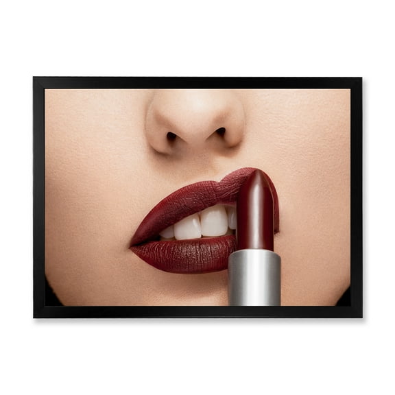 Designart 'Woman Applying Red Lipstick On Lips II' Modern Framed Art Print