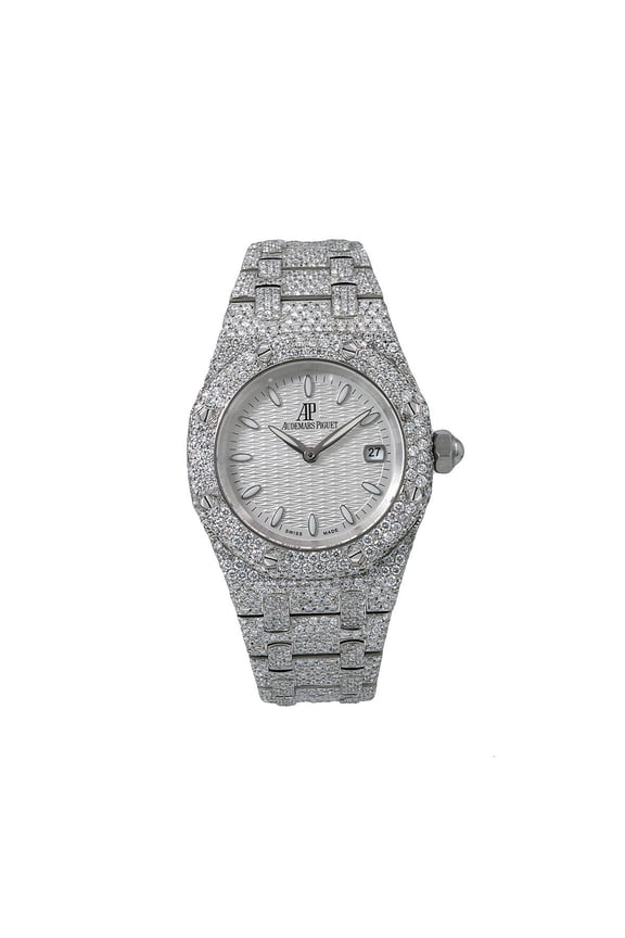 Pre-Owned Audemars Piguet Royal Oak 33MM 67650ST White Dial Diamond Paved Bezel Stainless Steel Bracelet 11.75ct