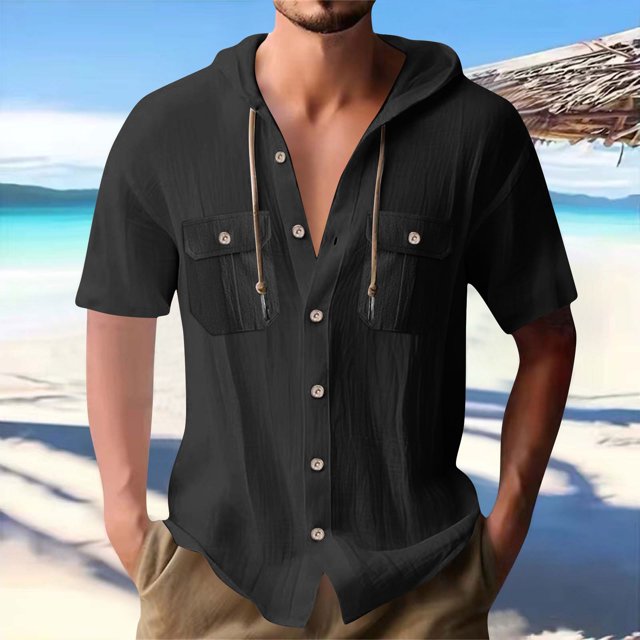 pstuiky camisetas de hombre, Blusa informal de manga corta con capucha, botones y bolsillo con cordón de color sólido para hombre. ropa de hombre xxxl
