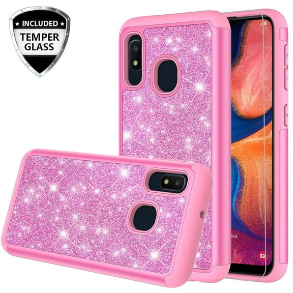 Case for Galaxy A10e Tempered Glass Screen Protector Glitter Bling Shockproof Soft TPU Rubber Skin Silicone Protective Case for Galaxy A10e/A102V/A102U - Hot Pink