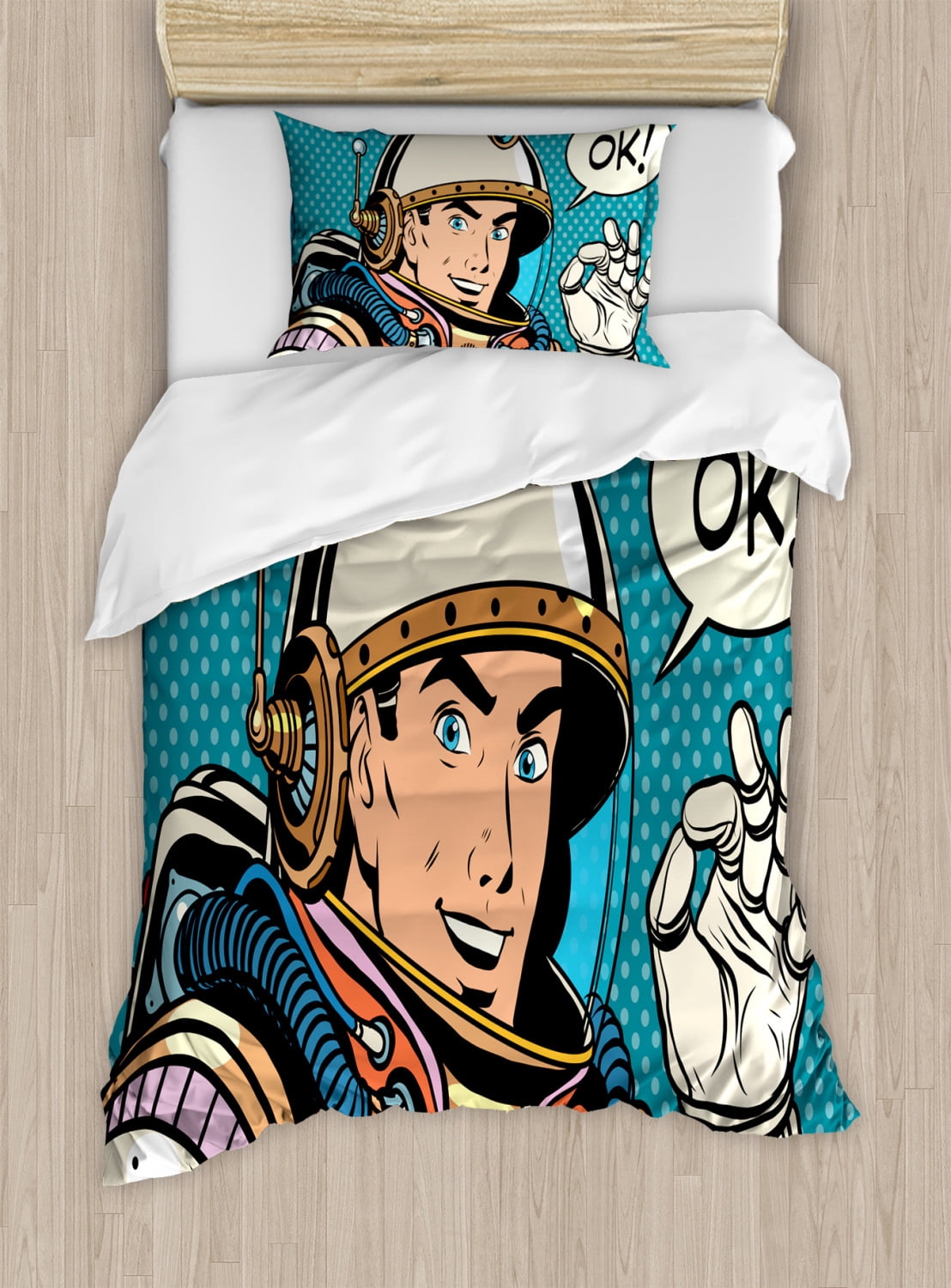 Astronaut Twin Size Duvet Cover Set, Middle Aged Sapce Man Gesturing ...