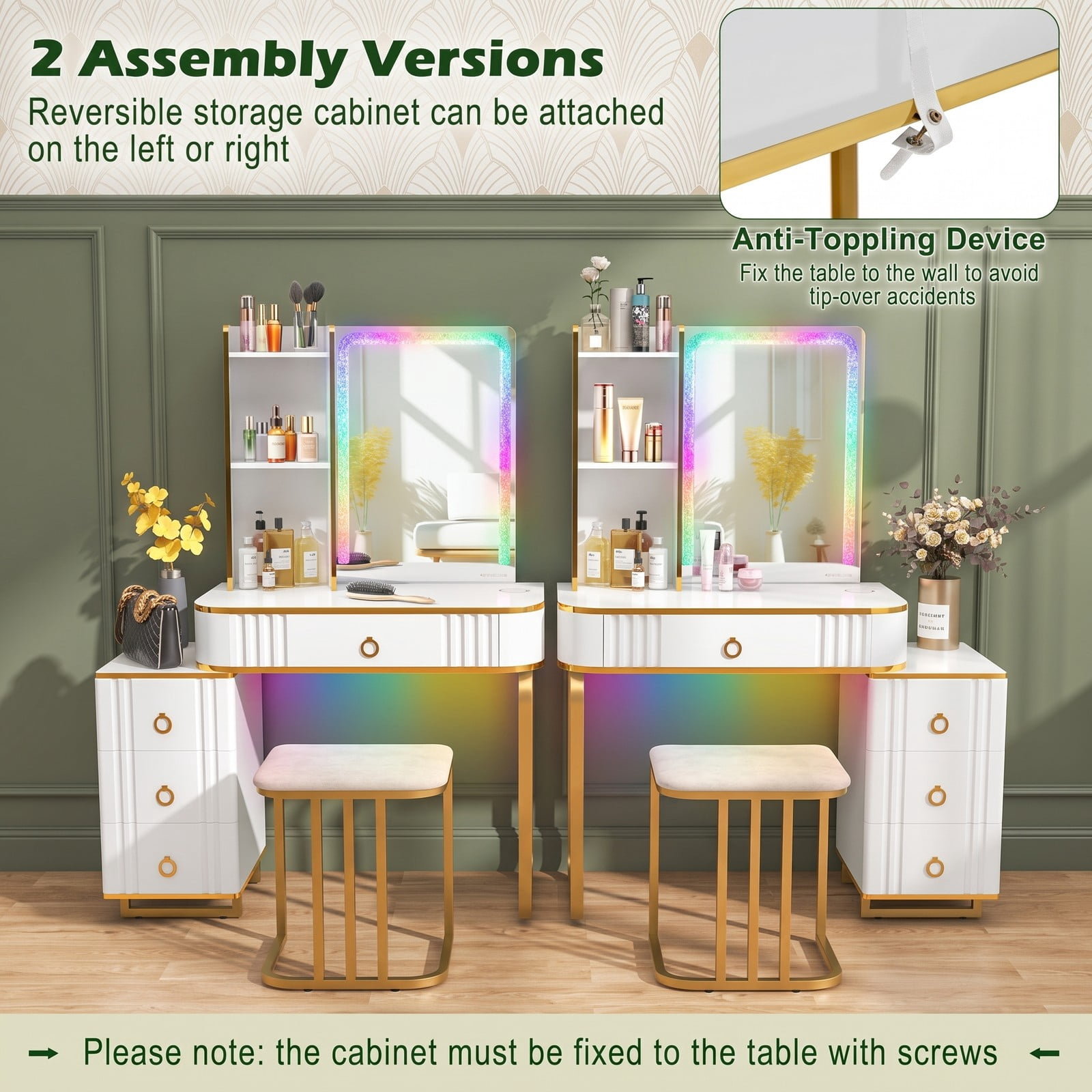 Furnibear Vanity Table Set with RGB LED Lights and Wireless Charging, Makeup Vanity Desk with Storage Shelves and Cushioned Stool, White