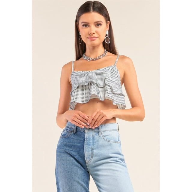 White And Navy Sleeveless Polka Square Layered Smock Back Cropped Top