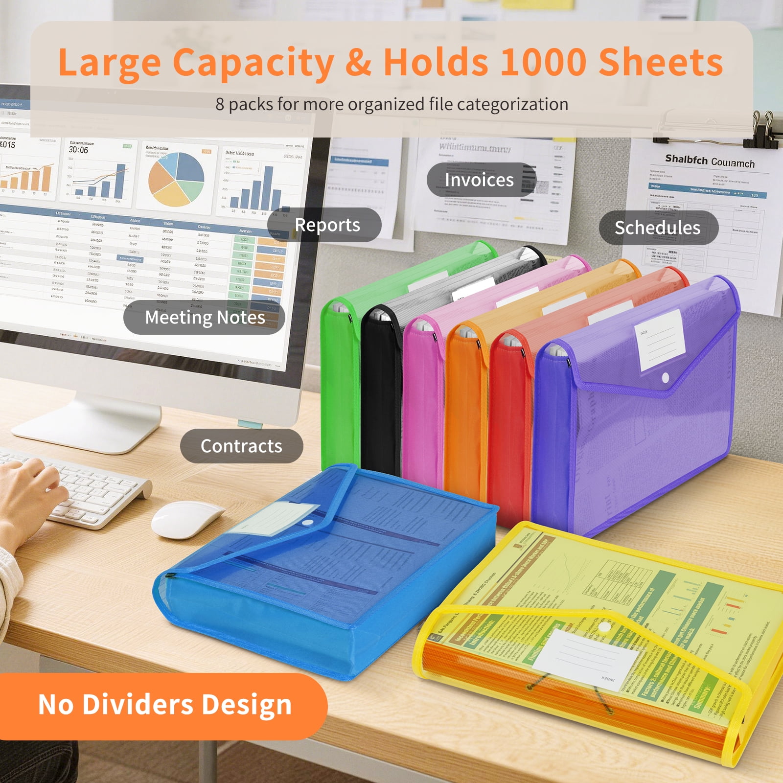 PHANCIR Plastic File Folder, Expanding with Snap Closure Label Pocket, Large Capacity Letter A4 Size for Office, School, Home, Assorted Colors,8 Pack