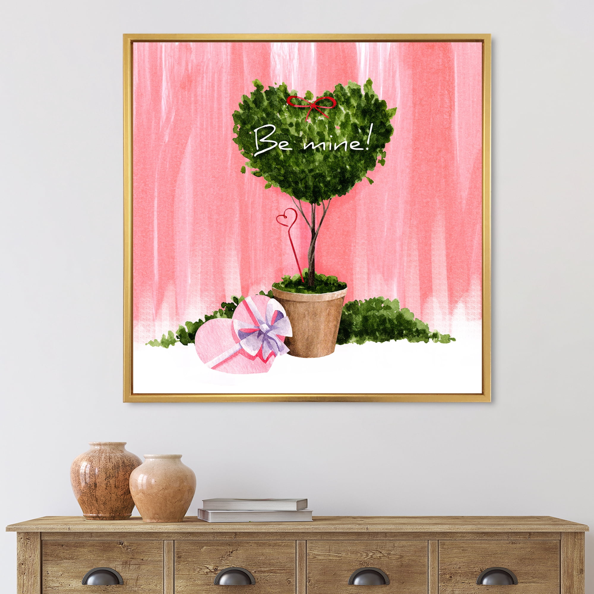 Designart 'Be Mine Heart Shaped Valentine House Plant' Farmhouse Framed Canvas Wall Art Print