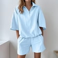 thumbnail image 2 of Jinhomg Two Piece Sets for Women Summer Solid Color Lounge Sets Zip Up Laple Short Sleeve Shorts Jogger Sets Sky Blue,S, 2 of 7