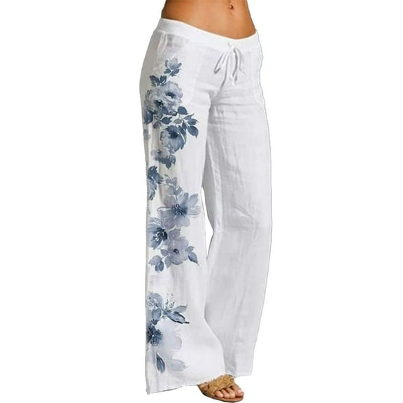 QIJUNTUO ​Women's High Waisted Palazzo Pants Smocked Elastic Waist Wide Leg Casual Trousers Breathable Linen Blend For Summer​ Light Blue