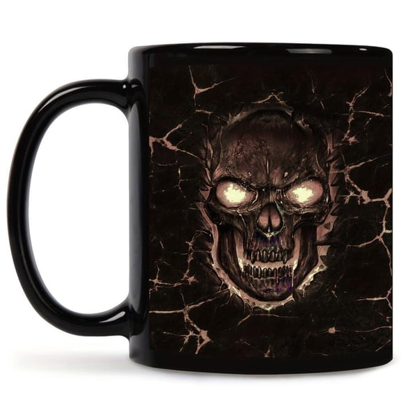 1pc Gothic Skull Coffee Mug 11oz Black Cup with Realistic Cracked Skull Glowing Eyes Microwave Hand Wash Only Spooky Halloween Dia de los Muertos Chri