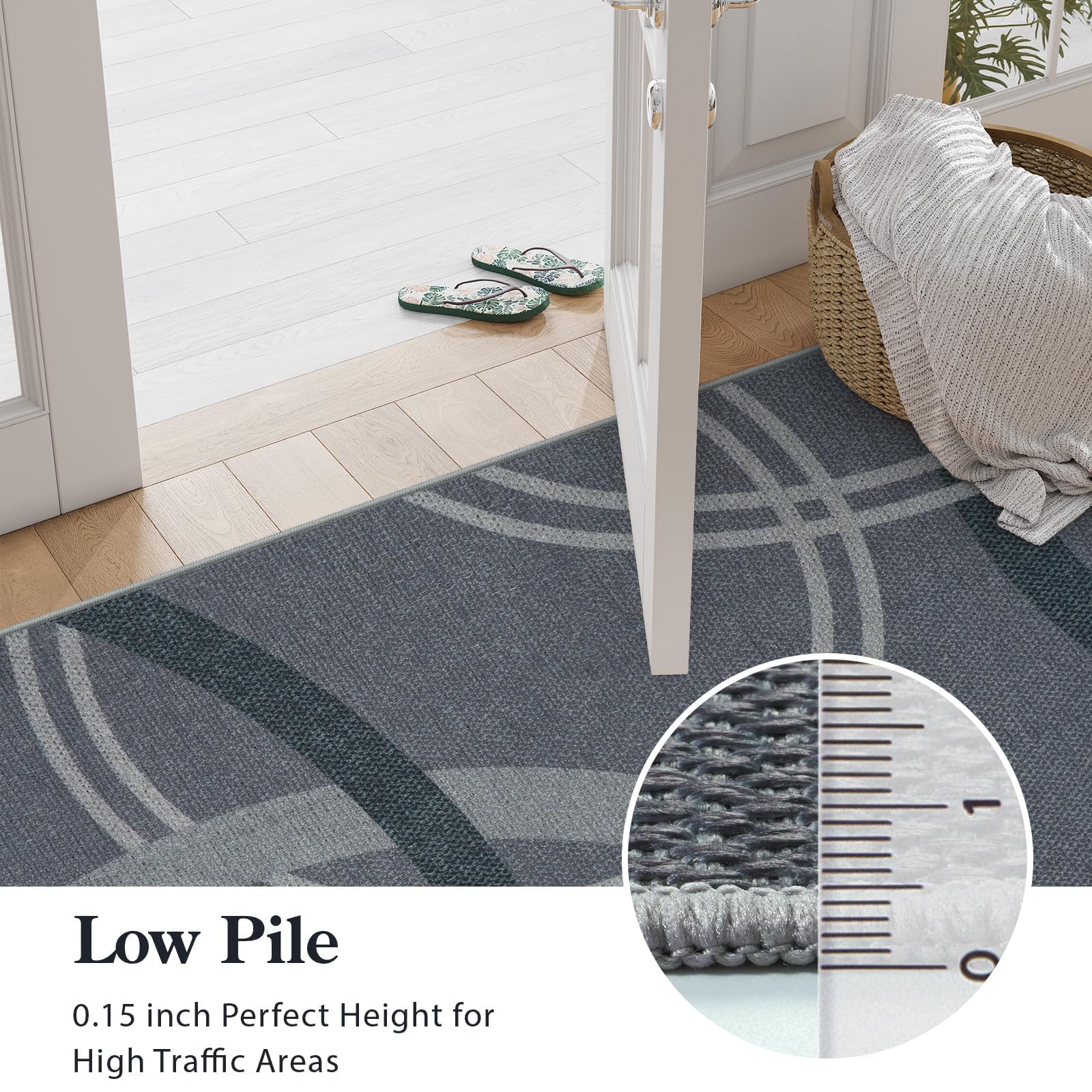 SUNDEREY 2'6"x8' Geometri Kitchen Rug,Runner Rugs 2.6x8ft Hallway Easy Jute Rug,Non Slip Washable Circular Pattern Rug,Soft Non-Slip Khaki Indoor Carpet for Entryway Laundry Bedroom,Grey