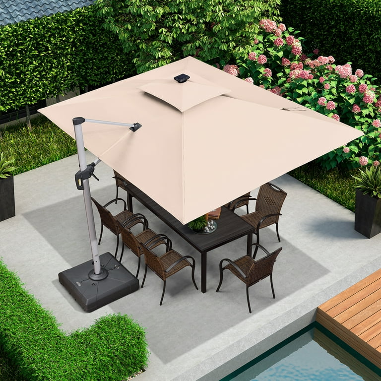10 ft offset aluminum hanging patio umbrella Aoodor 10ft. Offset Hanging Umbrella with Base