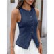 thumbnail image 4 of Chaleco Vaquero Elástico Sin Mangas para Mujer, con Botones y Cuello Redondo, Informal, Estilo Western para Verano Azul Profundo XL, 4 of 8