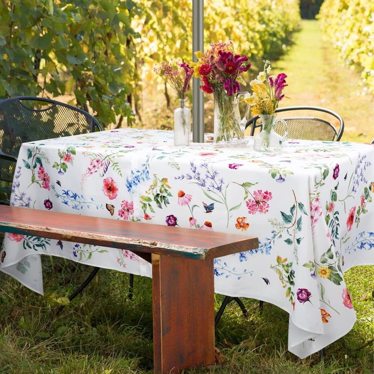 floral patio table umbrella LAGarden 6ft Outdoor Wood Market Scalloped Edge 8-Rib 4x Brackets 60x84 Inch Outdoor Tablecloth with
