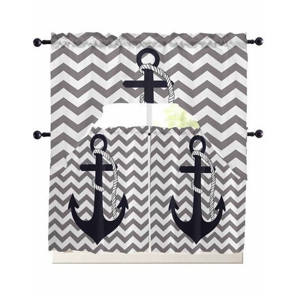 Grey Zigzag Kitchen Curtains Swag Valance and Tier Curtains Set 24 Inch Length, Coastal Nautical Anchor Stripes Rod Pocket Drape Panels Pair Swag Curtain for Bathroom/Cafe/Window