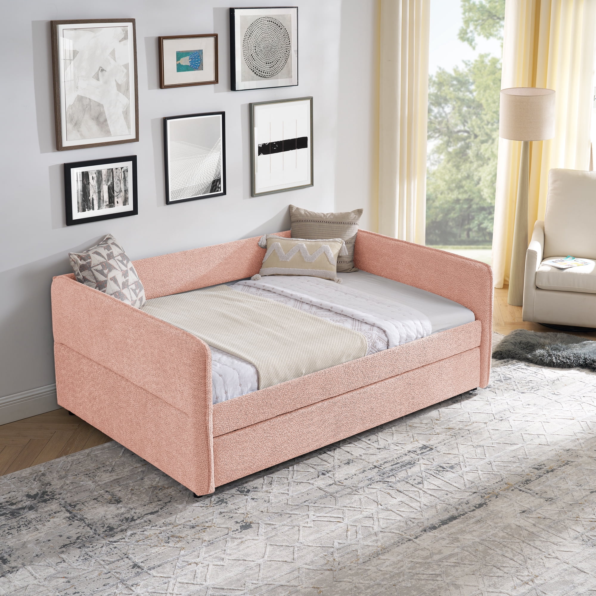 Mintazer Full Upholstered Daybed with Trundle, Boucle Fabric Sofa Bed for Living Room & Bedroom, Pink