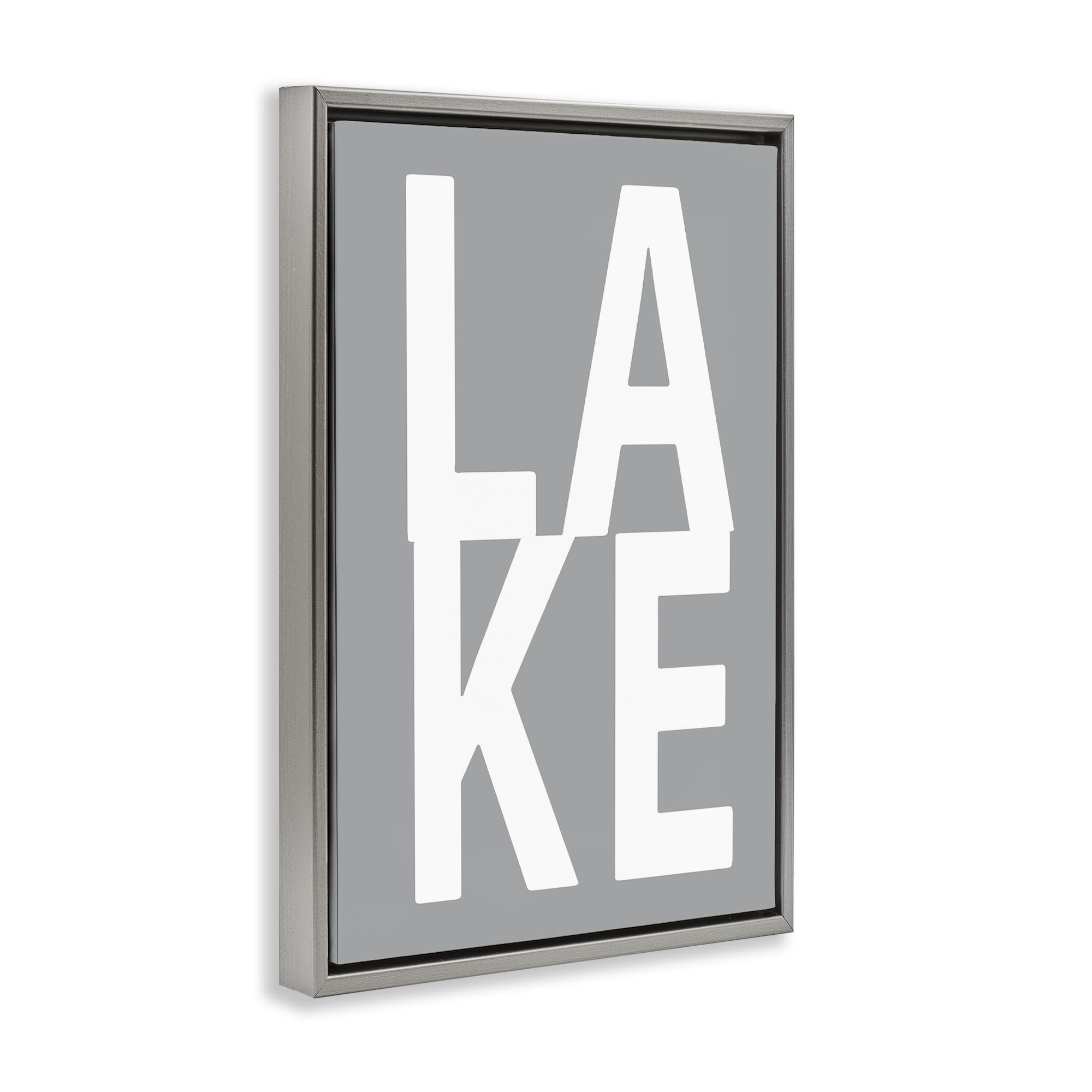 Stupell Industries Lake Word on Grey Typography Painting Gray Floater Framed Art Print Wall Art, 21 x 31