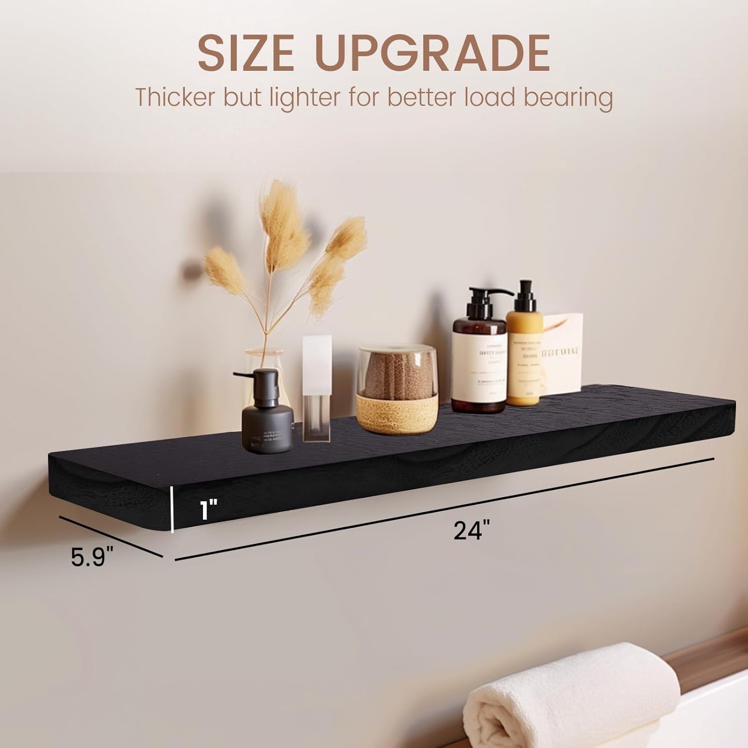 Floating Shelves 24 Inches Long, Set of 2 Rustic Wood Wall Mounted Shelves, Wall Picture Ledge Shelf with Invisible Metal Brackets for Living Room, Bedroom, Bathroom, Black