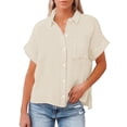 thumbnail image 3 of Shirts For Women Fashion Solid Linen Casual Loose Short Sleeve Button Shirt Womens Tops, 3 of 5