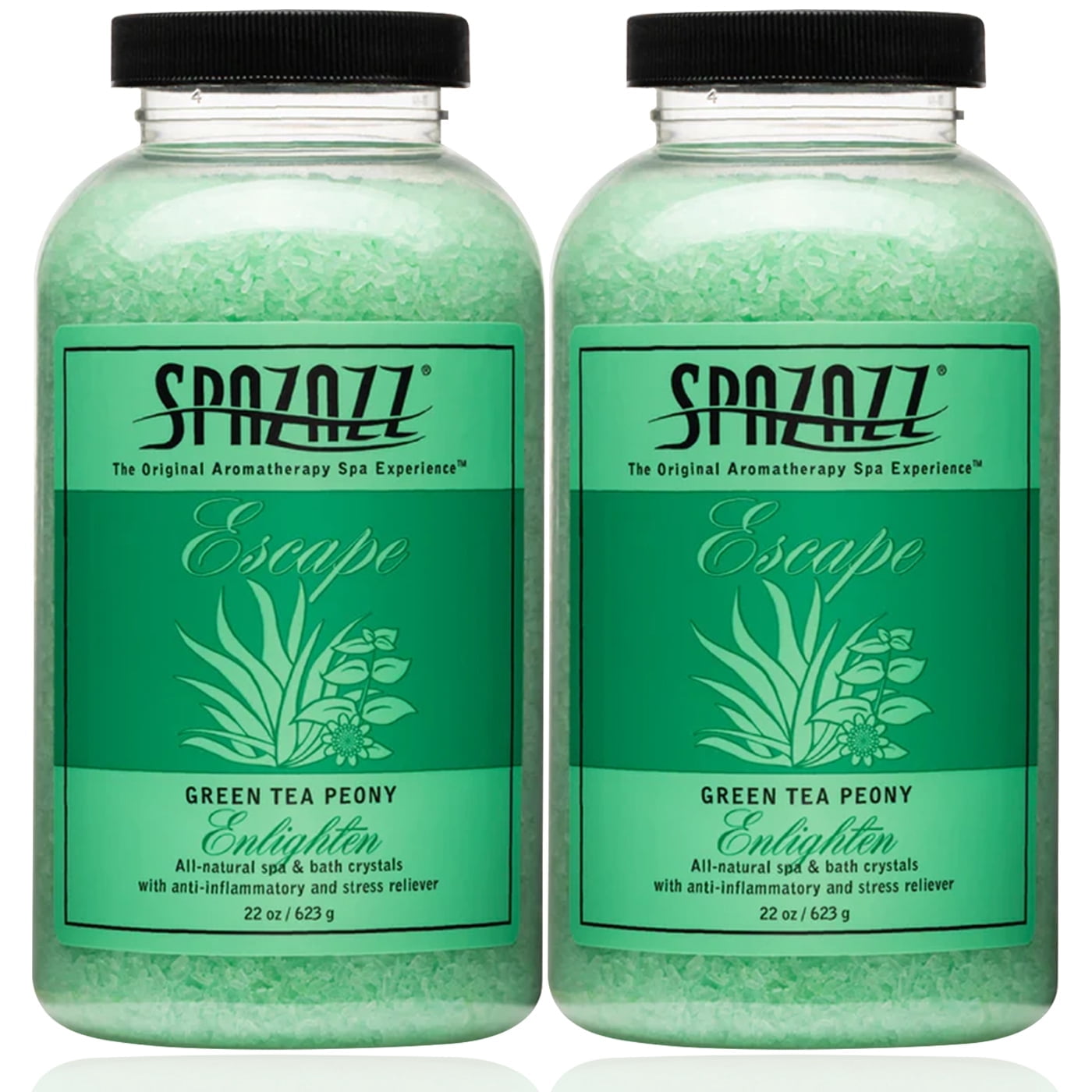 Spazazz Aromatherapy Escape Green Tea Peony Enlighten and Bath Crystals, 2 Pack - 22 oz Each. Crystals and Bath Salts for Hot Tub and Bathtub Spa - Aromatherapy Scented Salts for Relaxation!