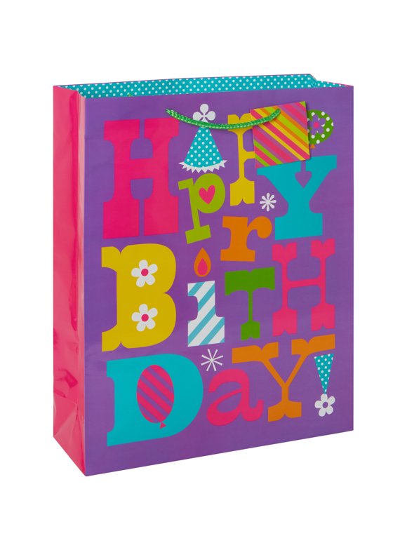 Way To Celebrate Value Gift Bag, Happy Birthday, Purple, Pink, Green, Blue, Orange, Floral