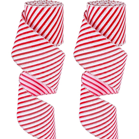 2 Rolls Christmas Red And White Striped Ribbon Candy Cane Ribbon For Christmas Tree Christmas Wired Edge Ribbon Candy Cane Wrapping Ribbon For Christmas Wreath Bow DIY Craft Home Decoration