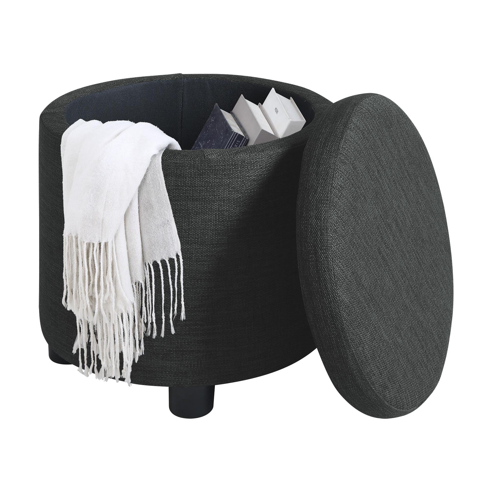 Designs4Comfort Round Accent Storage Ottoman with Reversible Tray Lid, Dark Charcoal Gray Fabric