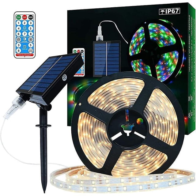 Tira de LED con energía solar para exteriores, tira de LED impermeable IP67 de 5 m 280 LED, luces LED de color blanco cálido con control remoto, 8 modos de iluminación 2835 SMD Fairy Lig