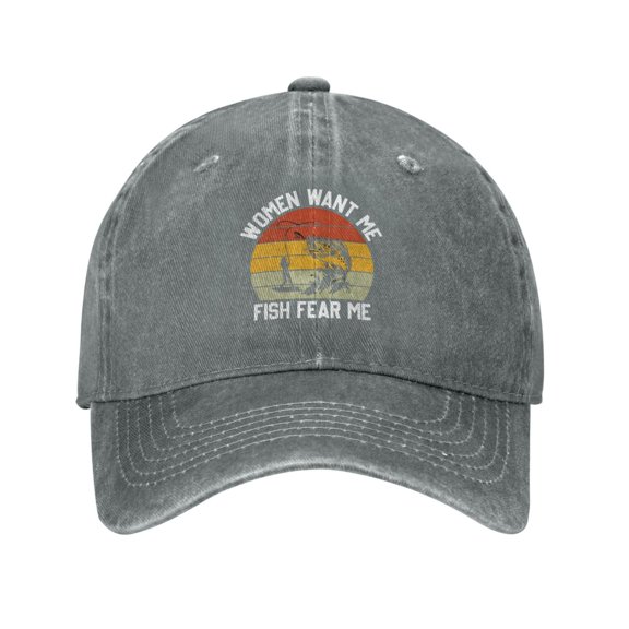 Women Want Me Fish Fear Me Baseball Cap Vintage Soft Washed Denim,Golf Dad Hat Adjustable Trucker Hats for Men Women Unisex Adult,Gray