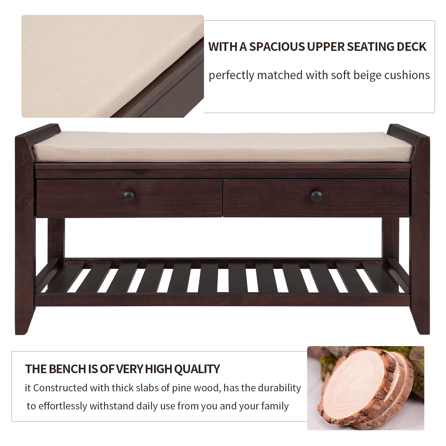 DEALTOPS Vintage Storage Bench with 2 Drawers and Soft Cushion, Multipurpose Shoe Rack for Entryway - Espresso